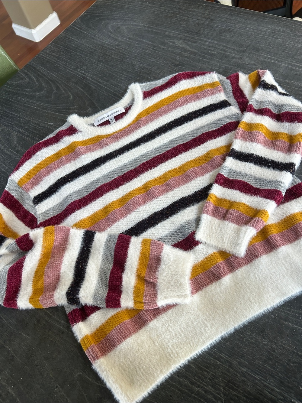 Striped Crewneck Sweater in Ivory with Mustard & Berry - unknown brand